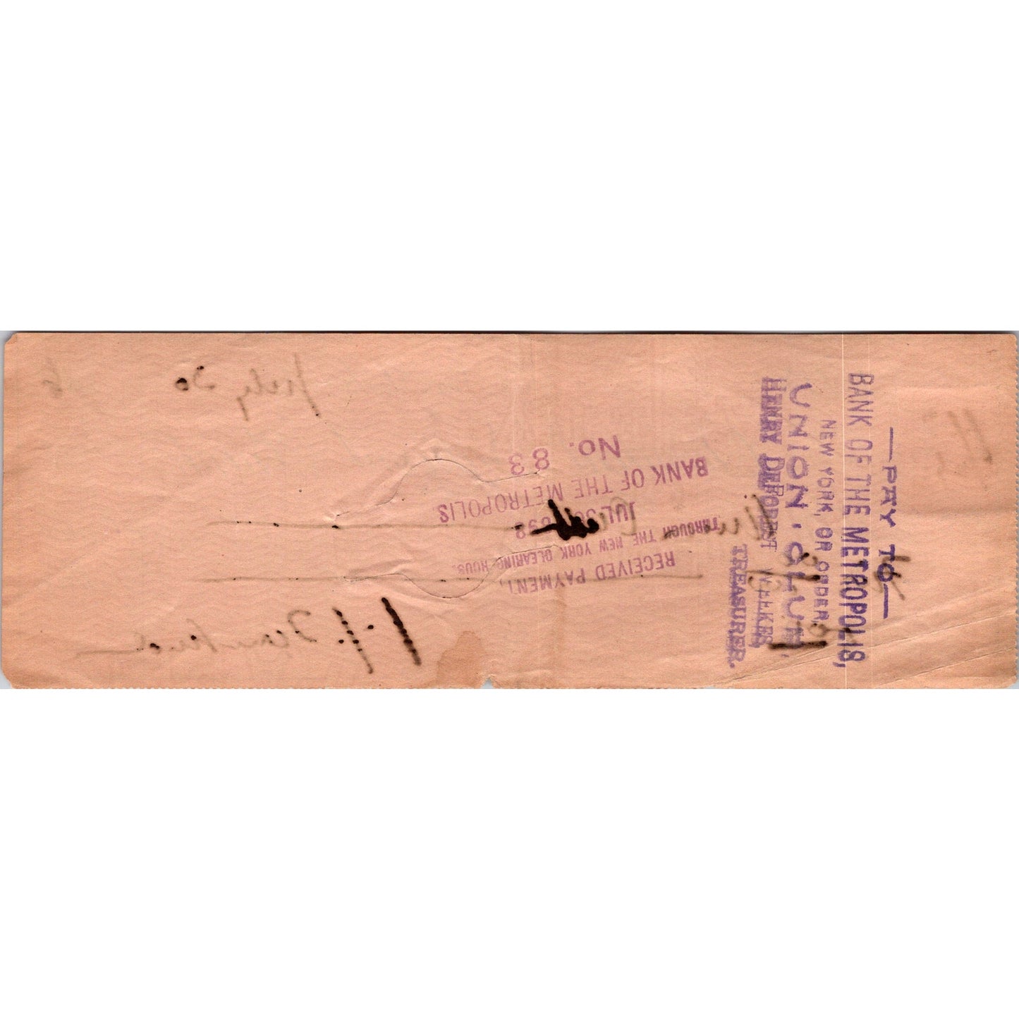 1989 Chemical National Bank of New York Bank Check AJ9-1