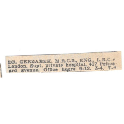 Dr Gerzabek M.R.C.S. Winnipeg 1920 Ad AG2-S11
