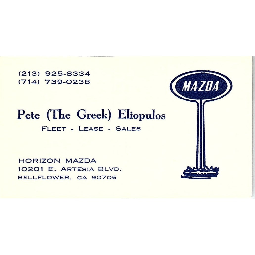 Pete The Greek Eliopulos Horizon Mazda Bellflower Vintage Business Card SD9-B9