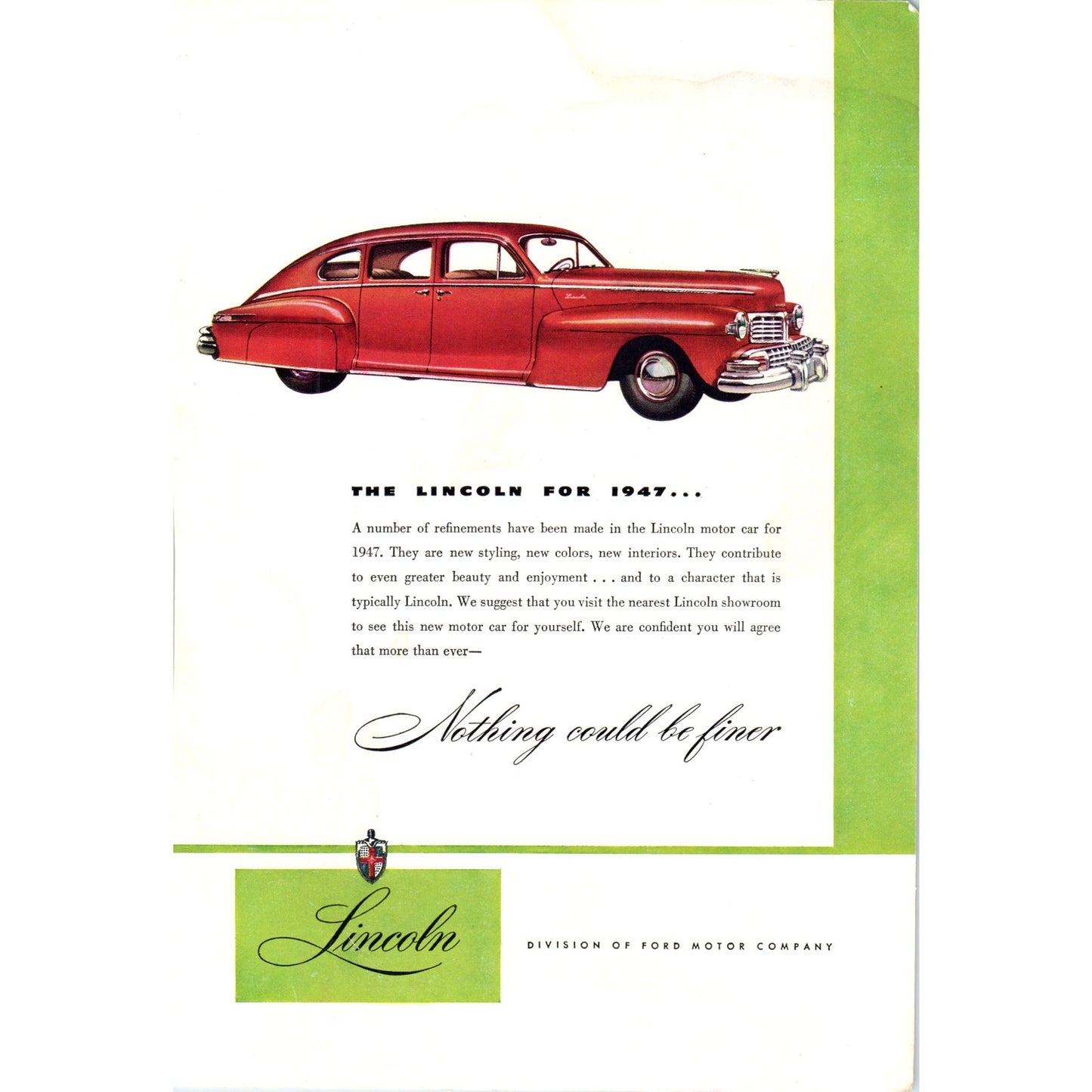 1947 Lincoln Sedan Red Automobile Car - Vintage Magazine Ad D20