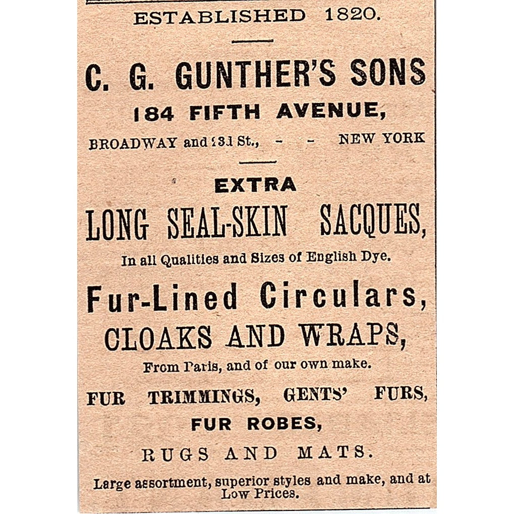 C.G. Gunther's Sons Sealskin Sacques Furs 184 5th Ave NY 1878 Ad AG2-M13