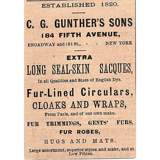 C.G. Gunther's Sons Sealskin Sacques Furs 184 5th Ave NY 1878 Ad AG2-M13