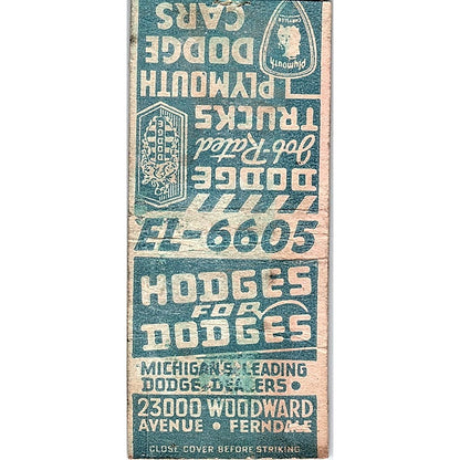 Hodges for Dodges Dodge Dealers Ferndale MI Vintage Matchbook Cover SC7-Y10