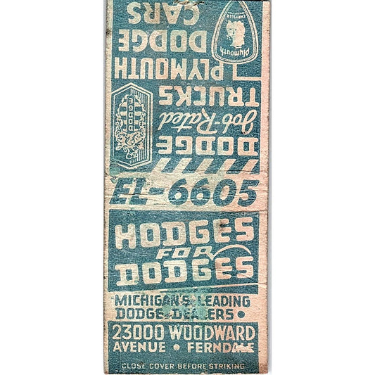 Hodges for Dodges Dodge Dealers Ferndale MI Vintage Matchbook Cover SC7-Y10