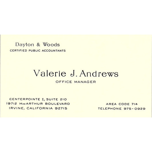 Valerie J Andrews CPA Dayton & Woods Irvine CA Vintage Business Card SD9-B1