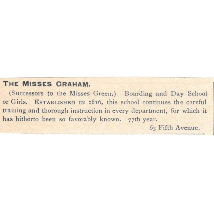 The Misses Graham School for Girls 63 Fifth Ave New York 1892 Magazine Ad AK6-S6
