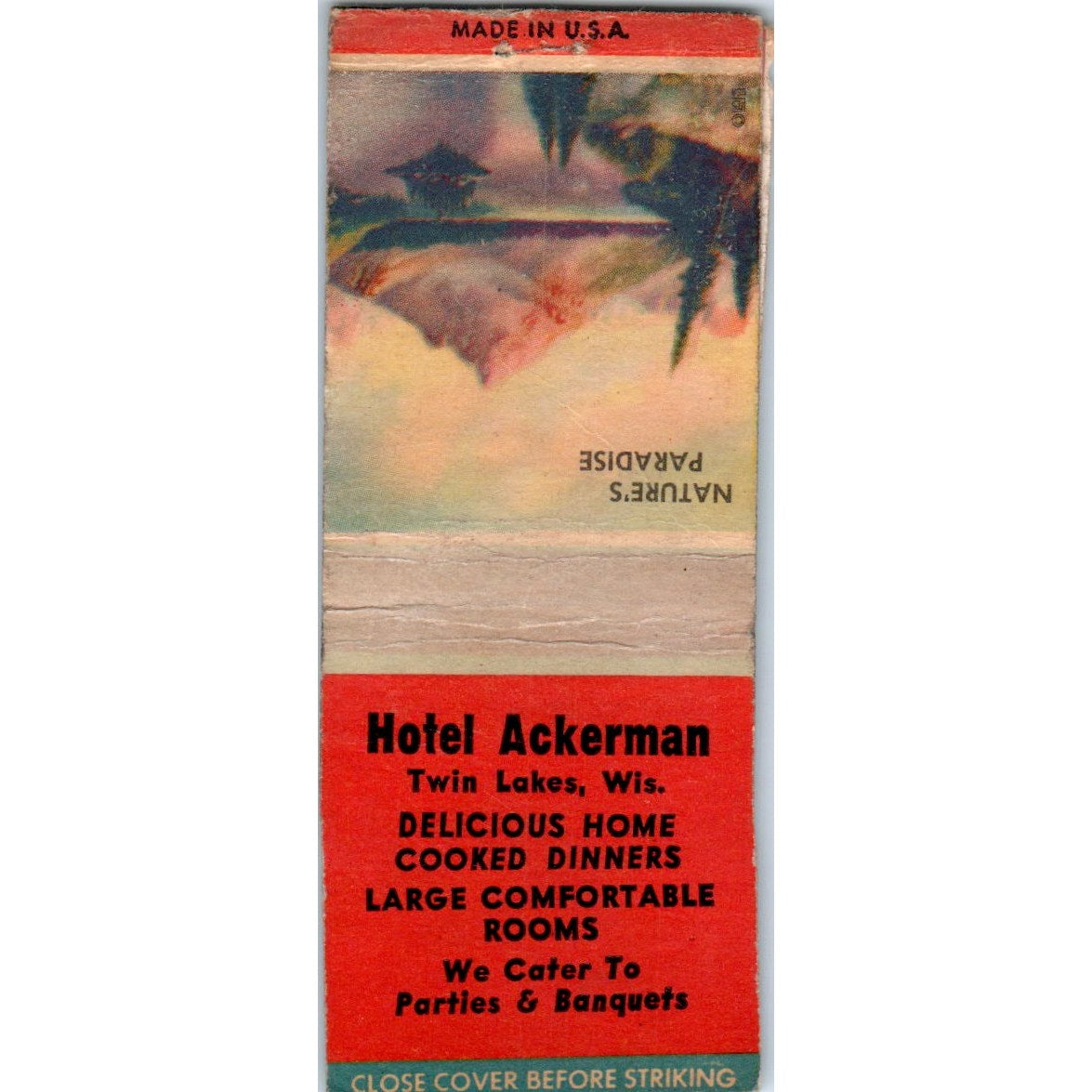 Hotel Ackerman Twin Lakes Wisconsin Vintage Matchbook Cover SD2-Y11