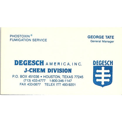 George Tate Degesch America J-Chem Division Houston Vintage Business Card SC9-B3