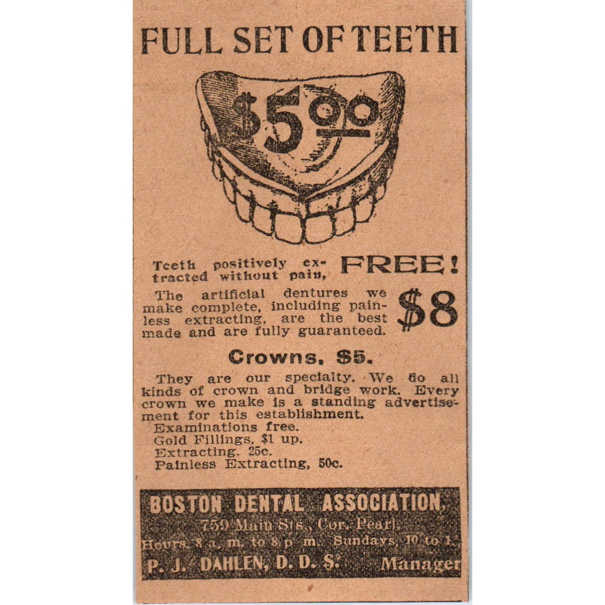 P.J Dahlen DDS Boston Dental Association Dentures Crowns Hartford 1901 Ad AD8-H3