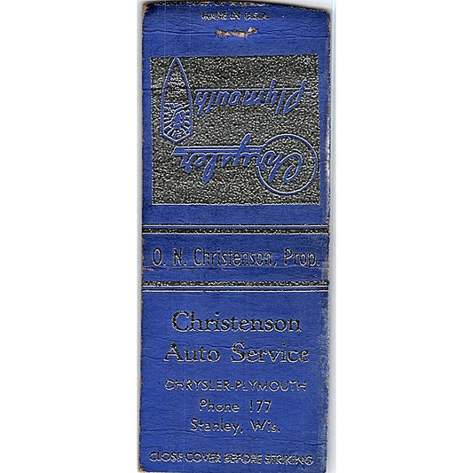 O.N. Christienson Auto Service Chrysler Plymouth Stanley Matchbook Cover SF3-Y6