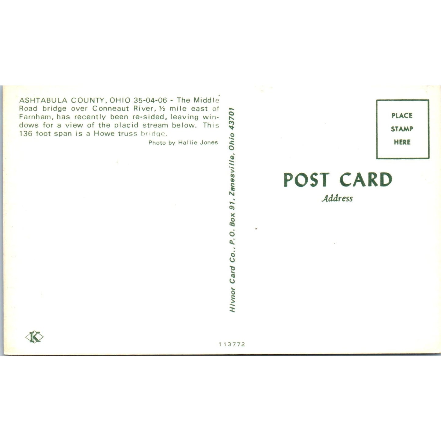 Middle Road Bridge Conneaut River Ashtabula Cty Ohio Covered Bridge Postcard PC3