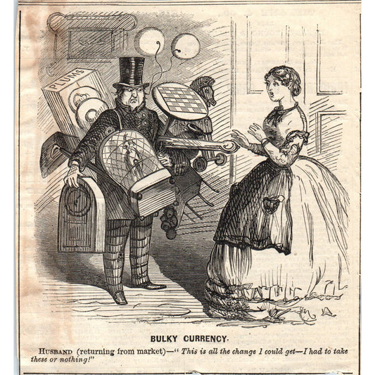 Bulky Currency Husband Wife Political Cartoon 1863 Civil War Engraving AE9-CW