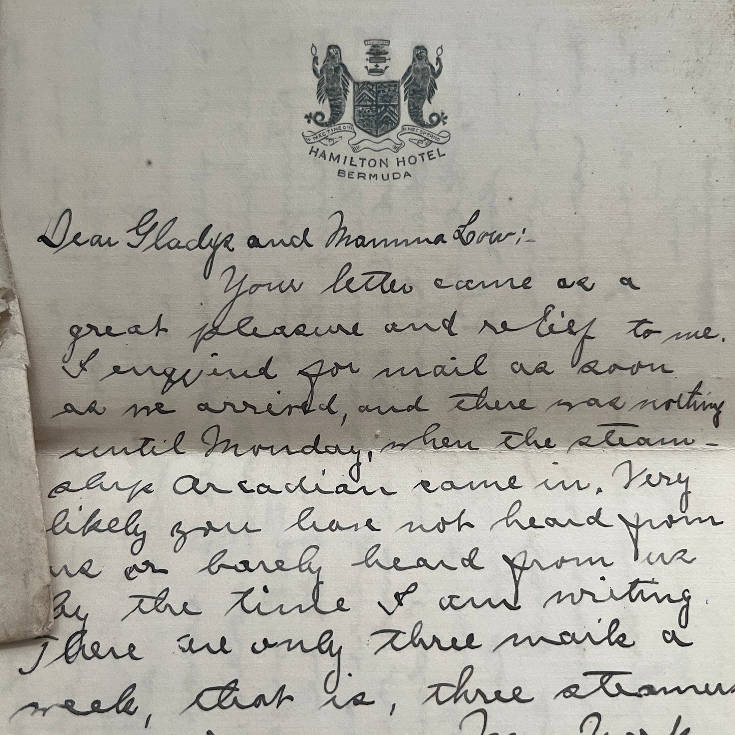 1914 Handwritten Letter & Envelope Hamilton Hotel Bermuda Gladys H Russ AF4-1