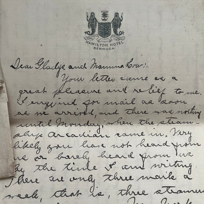 1914 Handwritten Letter & Envelope Hamilton Hotel Bermuda Gladys H Russ AF4-1