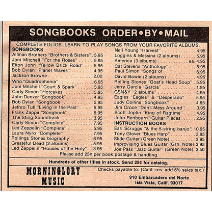 Morninglory Music Songbooks By Mail Isla Vista CA 3x4 1974 Ad AF6-M1