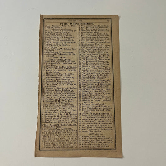 Boston Fire Department Listings 1871 Boston Almanac Clipping SAI2-H4