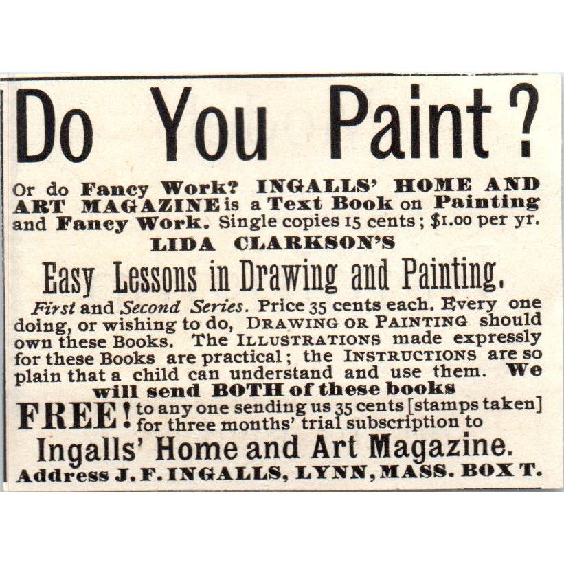 Art Lessons Ingalls' Home & Art Magazine Lynn MA c1890 Victorian Ad AE8-CH9