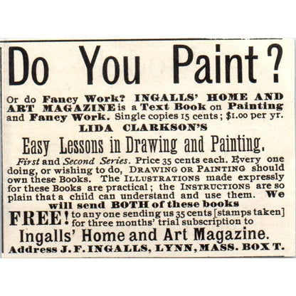 Art Lessons Ingalls' Home & Art Magazine Lynn MA c1890 Victorian Ad AE8-CH9