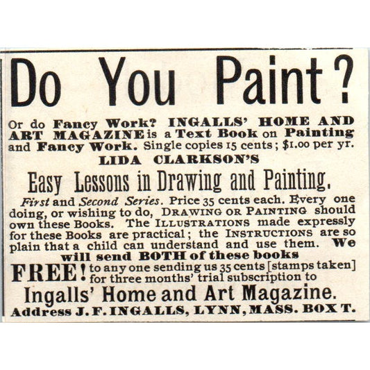 Art Lessons Ingalls' Home & Art Magazine Lynn MA c1890 Victorian Ad AE8-CH9