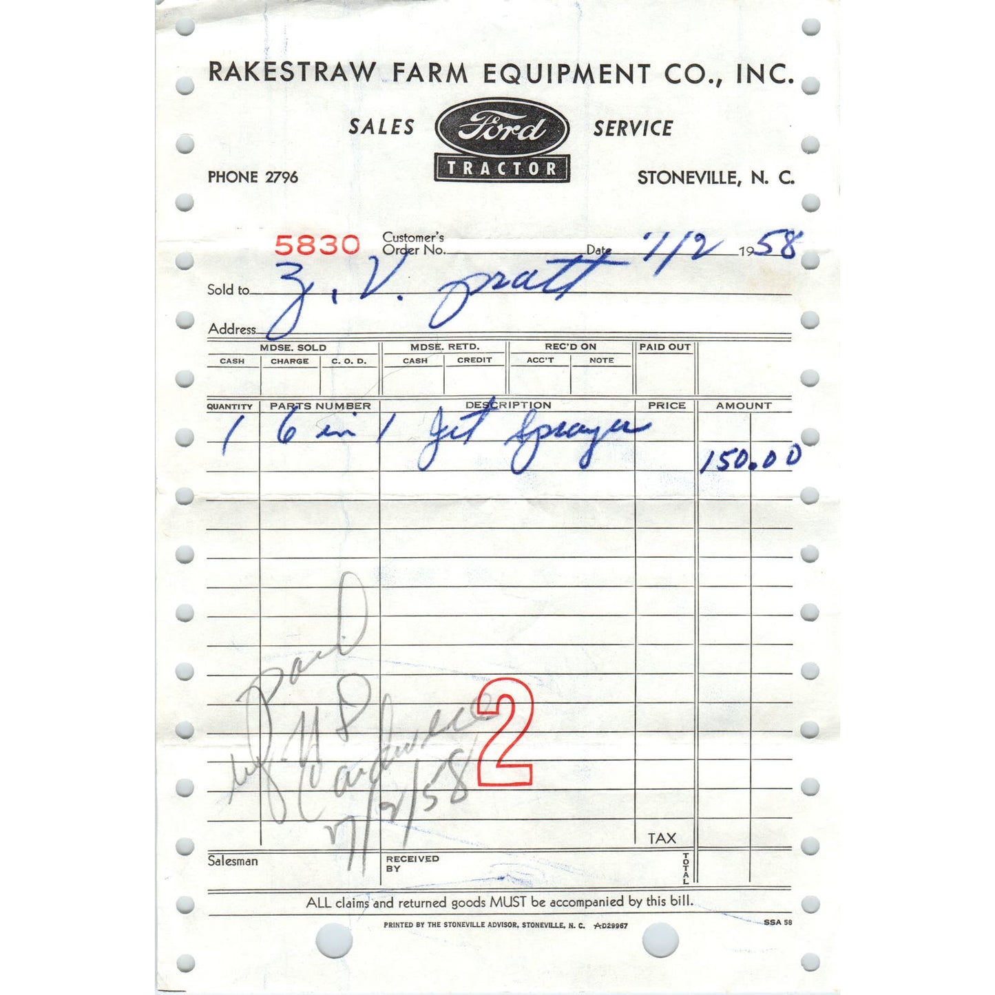 1958 Ford Tractor Rakestraw Farm Equipment Co Stoneville NC Receipt Billhead AF1