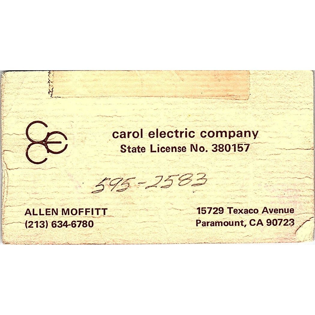 Carol electric company Allen Moffitt Paramount CA Vintage Business Card SF3-B6