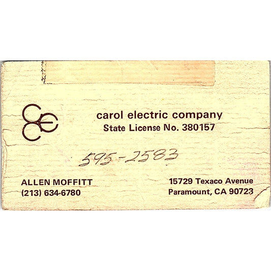 Carol electric company Allen Moffitt Paramount CA Vintage Business Card SF3-B6
