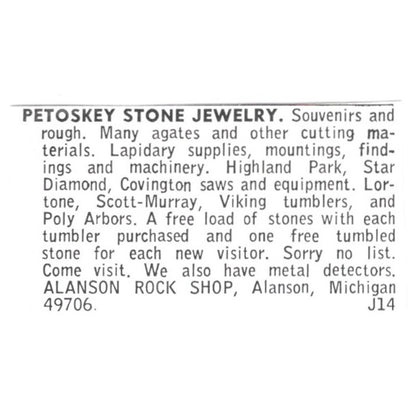 Alanson Rock Shop Petoskey Stone Jewelry Alanson MI Ad AF8-S21