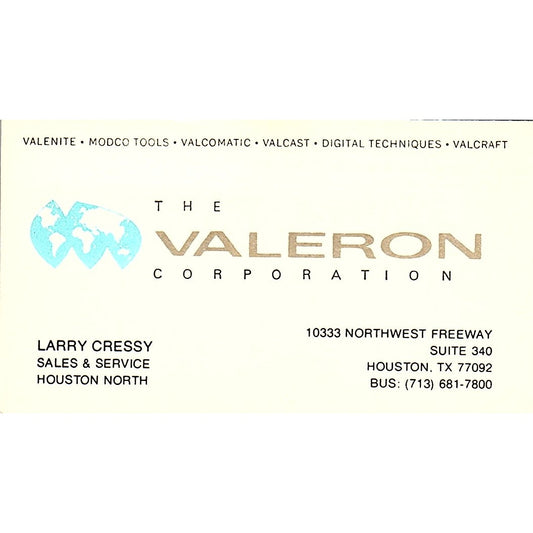 The Valeron Corp Larry Cressy Houston TX Vintage Business Card SD9-B4
