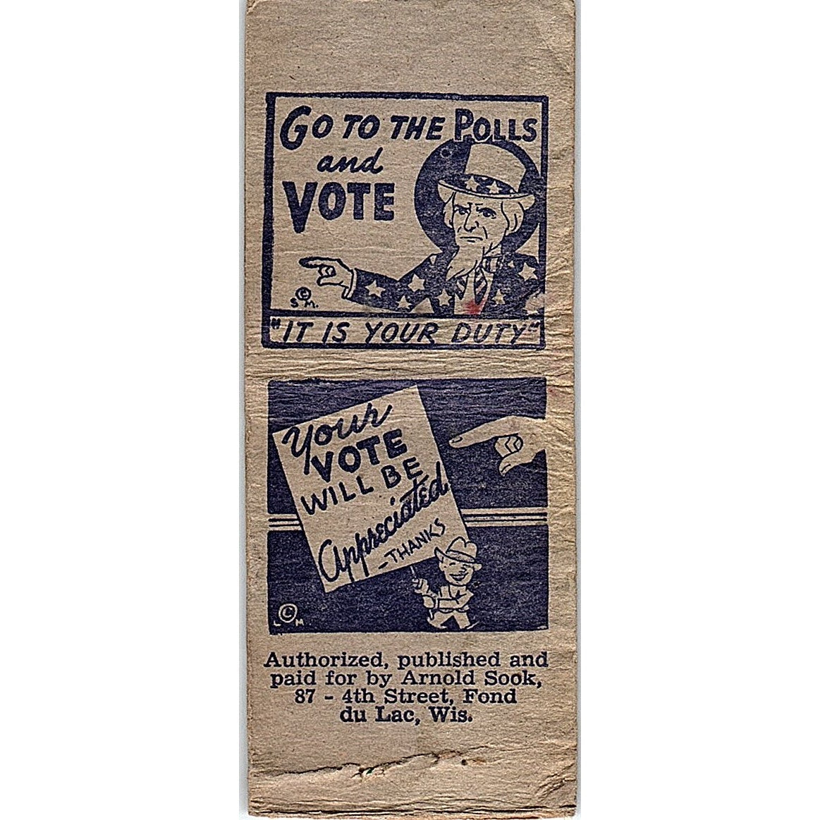 Arnold Sook Republican for Sheriff Fond Du Lac WWII Vtg Matchbook Cover SC7-Y9