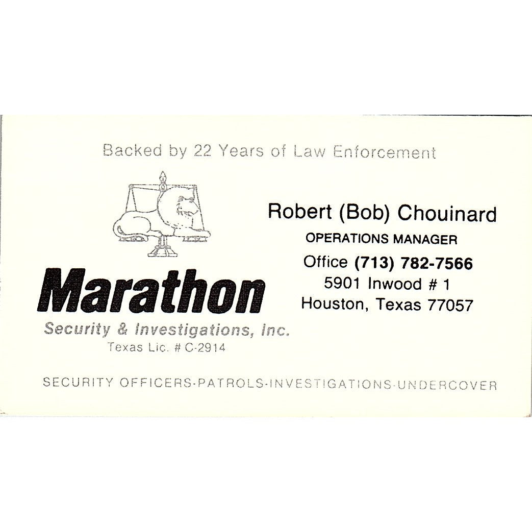 Marathon Security Robert (Bob) Chouinard Houston TX Vintage Business Card SB4-B3