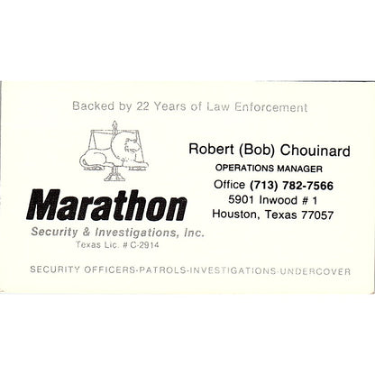 Marathon Security Robert (Bob) Chouinard Houston TX Vintage Business Card SB4-B3