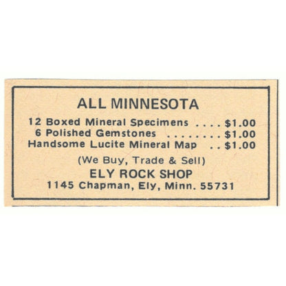Ely Rock Shop Minnesota 1971 Magazine Ad AD8-O3