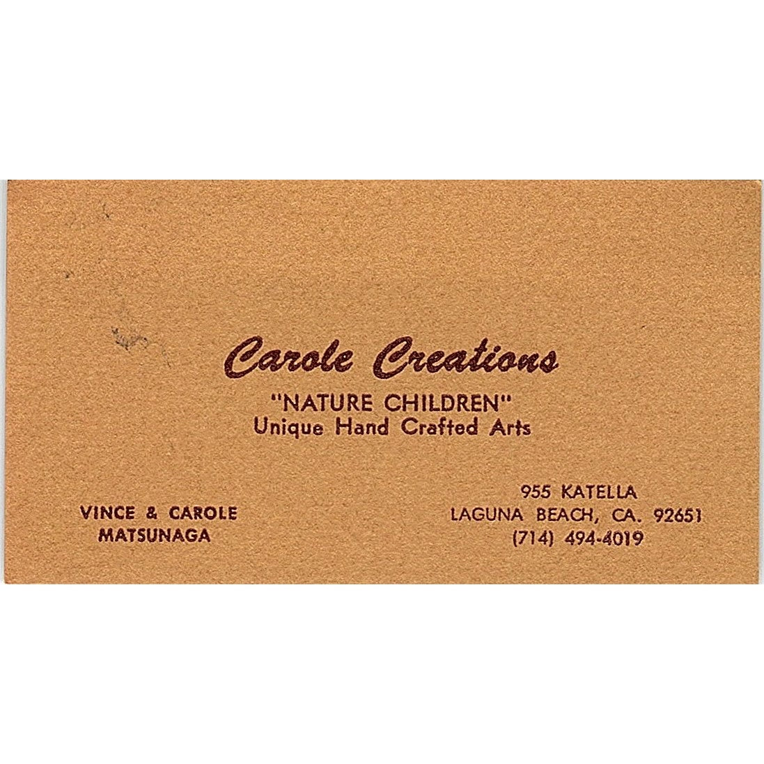 Carole Creations Vince & Carole Matsunaga Laguna Beach CA Business Card SF3-B6