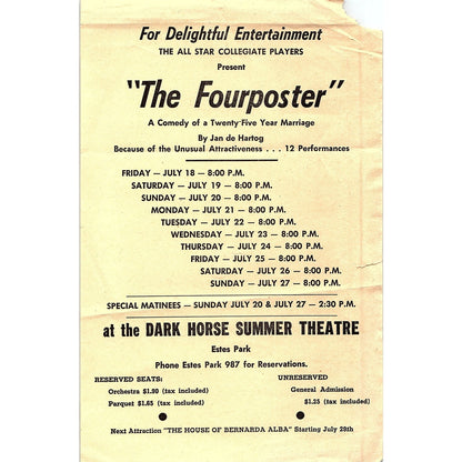 1950s The Fourposter Dark Horse Summer Theatre Estes Park Leaflet AF9-H1