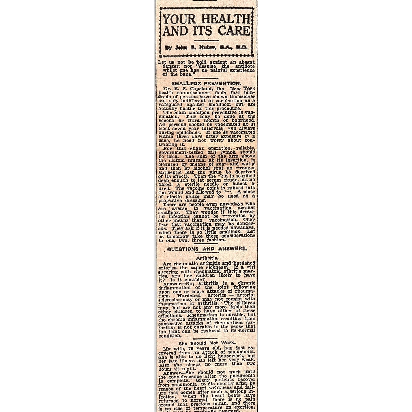 Your Health and It's Care by John B Huber MD Winnipeg 1920 Article AG2-M7