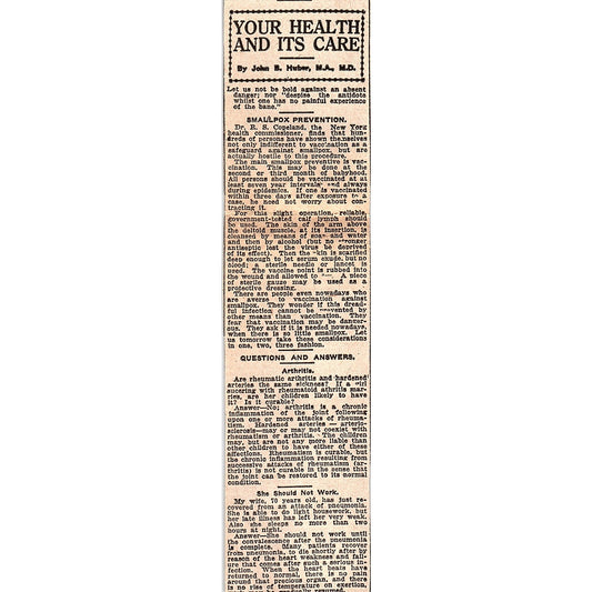 Your Health and It's Care by John B Huber MD Winnipeg 1920 Article AG2-M7
