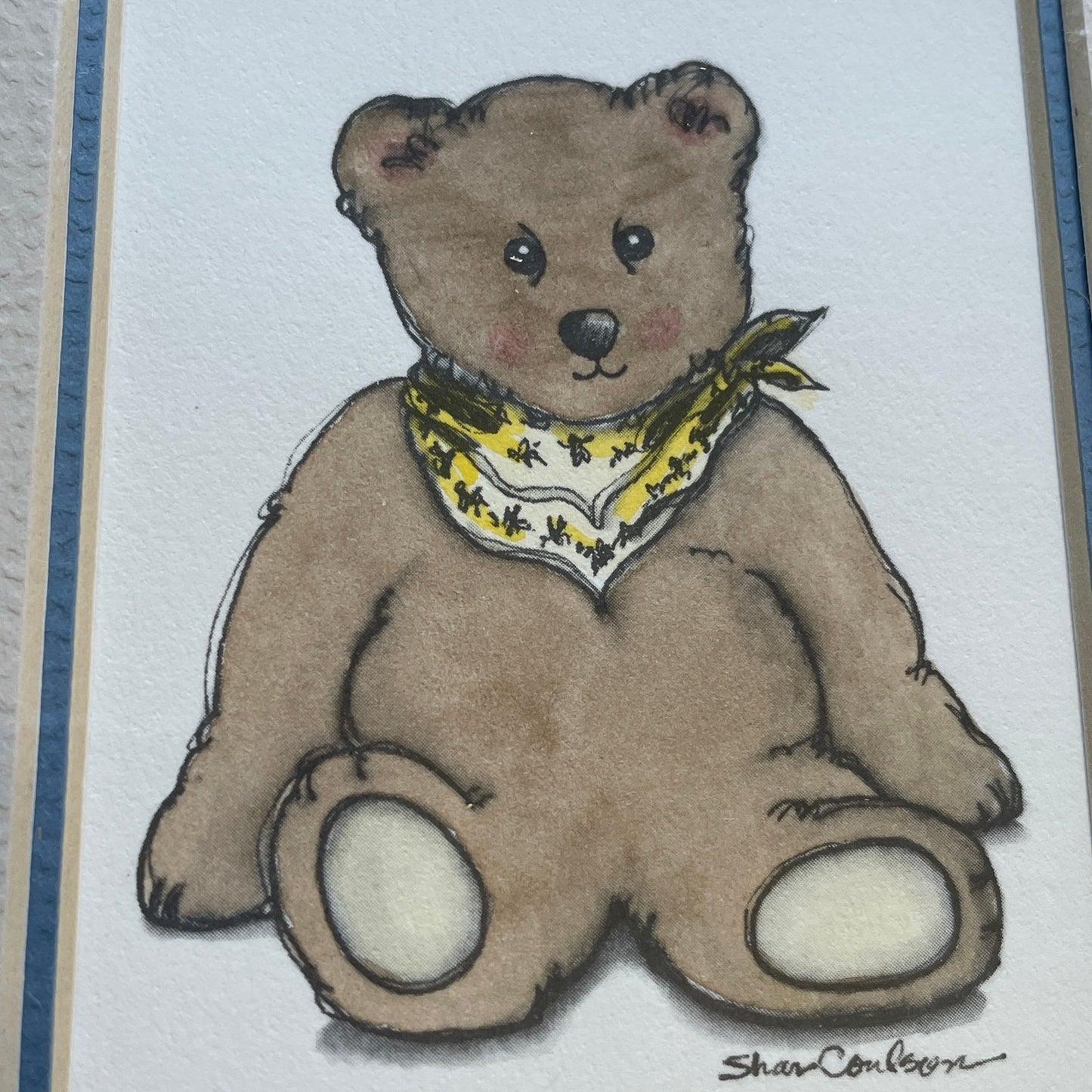 Teddy Bear Yellow Accents 5x7 Matted Print Hand Watercolor, Signed Shar Coulson