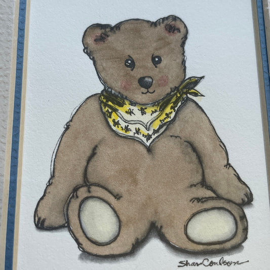 Teddy Bear Yellow Accents 5x7 Matted Print Hand Watercolor, Signed Shar Coulson