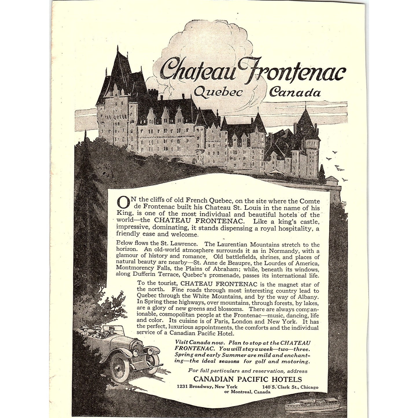 Chateau Frontenac Quebec Canada Canadian Pacific Hotels c1920 Ad AF8-7