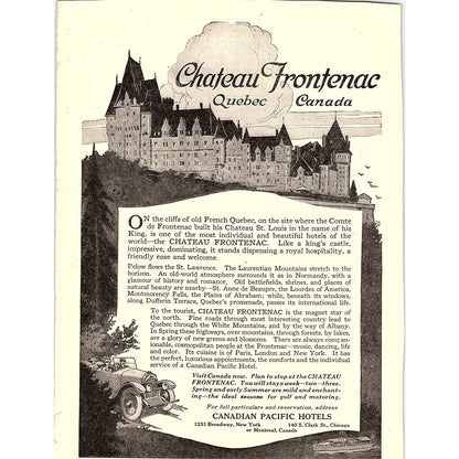 Chateau Frontenac Quebec Canada Canadian Pacific Hotels c1920 Ad AF8-7