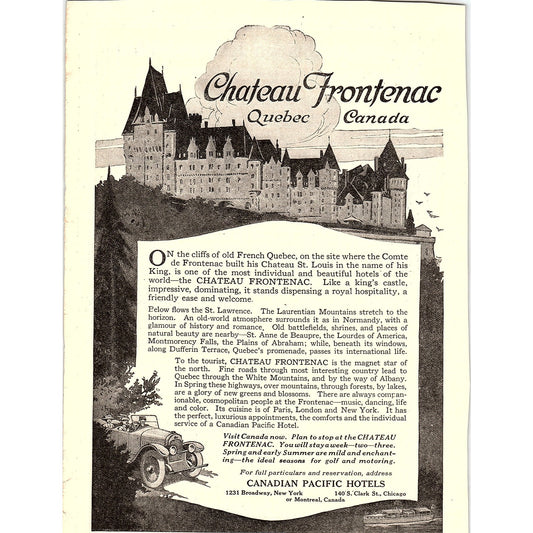 Chateau Frontenac Quebec Canada Canadian Pacific Hotels c1920 Ad AF8-7