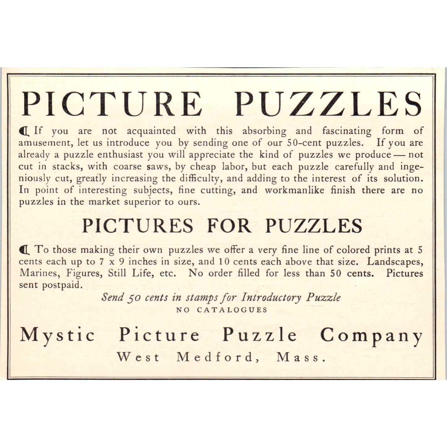 Mystic Picture Puzzle Company West Medford MA c1905 Victorian Ad AE9-MA4