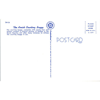 Amish Man & Woman in Courting Buggy Pennsylvania Dutch Country Postcard PD7