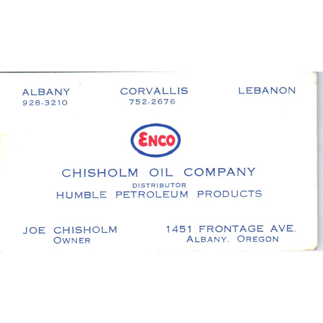 Joe Chisholm Oil Co Albany OR Enco Vintage Business Card SD8-B21