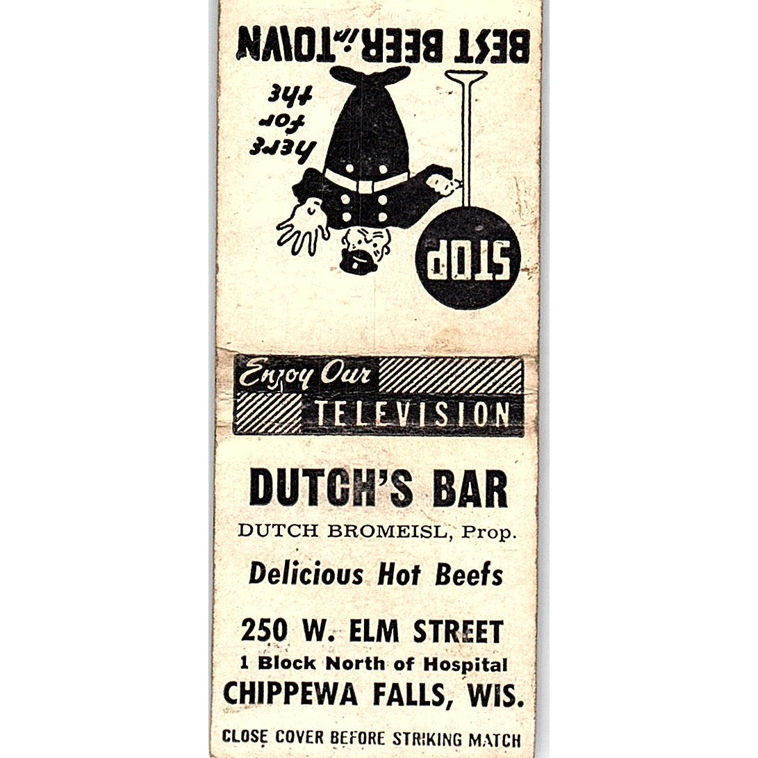Dutch's Bar Dutch Bromeisl Hot Beef Chippewa Falls WI Vtg Matchbook Cover SC7-Y9