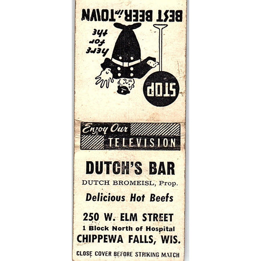Dutch's Bar Dutch Bromeisl Hot Beef Chippewa Falls WI Vtg Matchbook Cover SC7-Y9