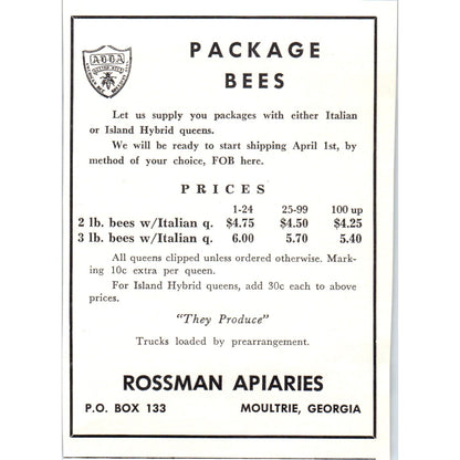 Package Bees Rossman Apiaries Moultrie Georgia 1961 Magazine Ad AB6-LB