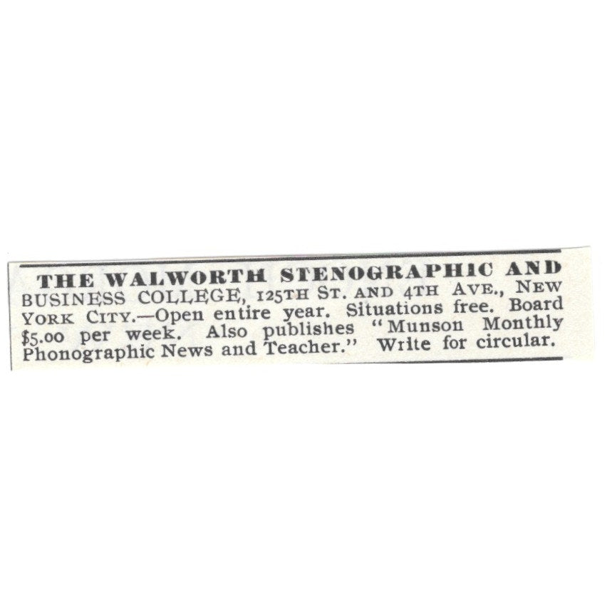 The Walworth Stenographic & Business College New York City 1892 Ad AG2-S24