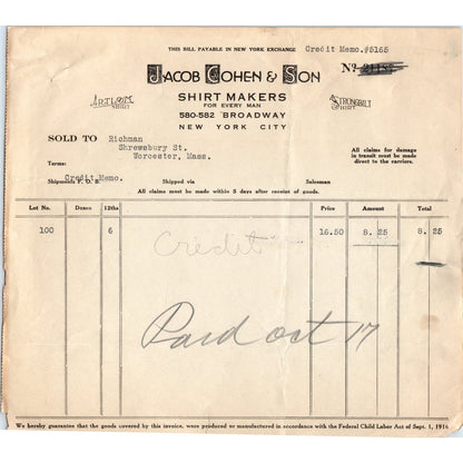 Jacob Cohen & Son Shirt Makers NY Original Billhead Letterhead Receipt D8-LL