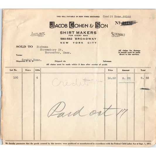 Jacob Cohen & Son Shirt Makers NY Original Billhead Letterhead Receipt D8-LL